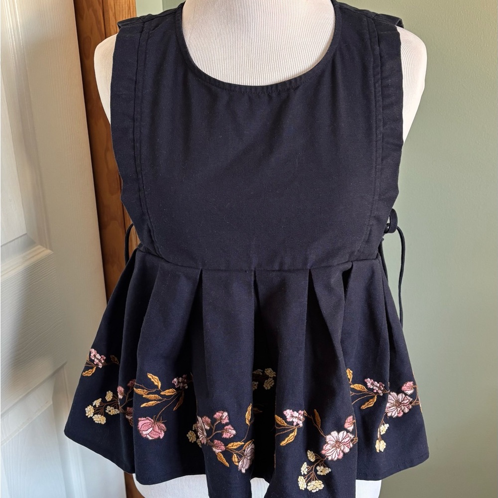 Navy Sleeveless Top with Floral Embroidery and Side Ties